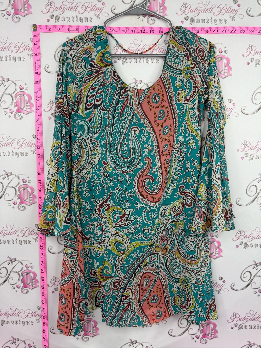 Pink Owl Teal Paisley Midi Dress with Coral & Lime Accents